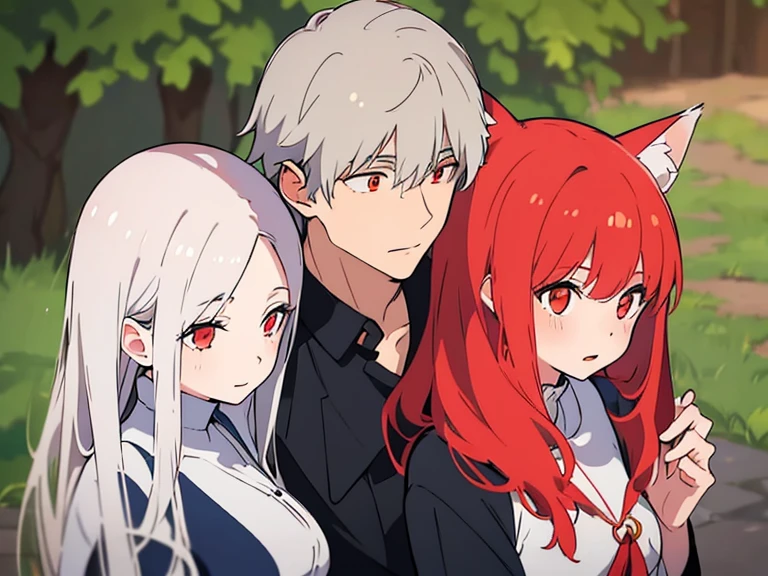 (best quality, highres, ultra-detailed:1.2), realistic, painting, detailed faces, couple, man Fox earl  pale skin, short white hair, red eyes, casual clothing, woman fox earl pale skin, long silver hair, red eyes, casual clothing, fox-like appearance boy hugs the girl from behind