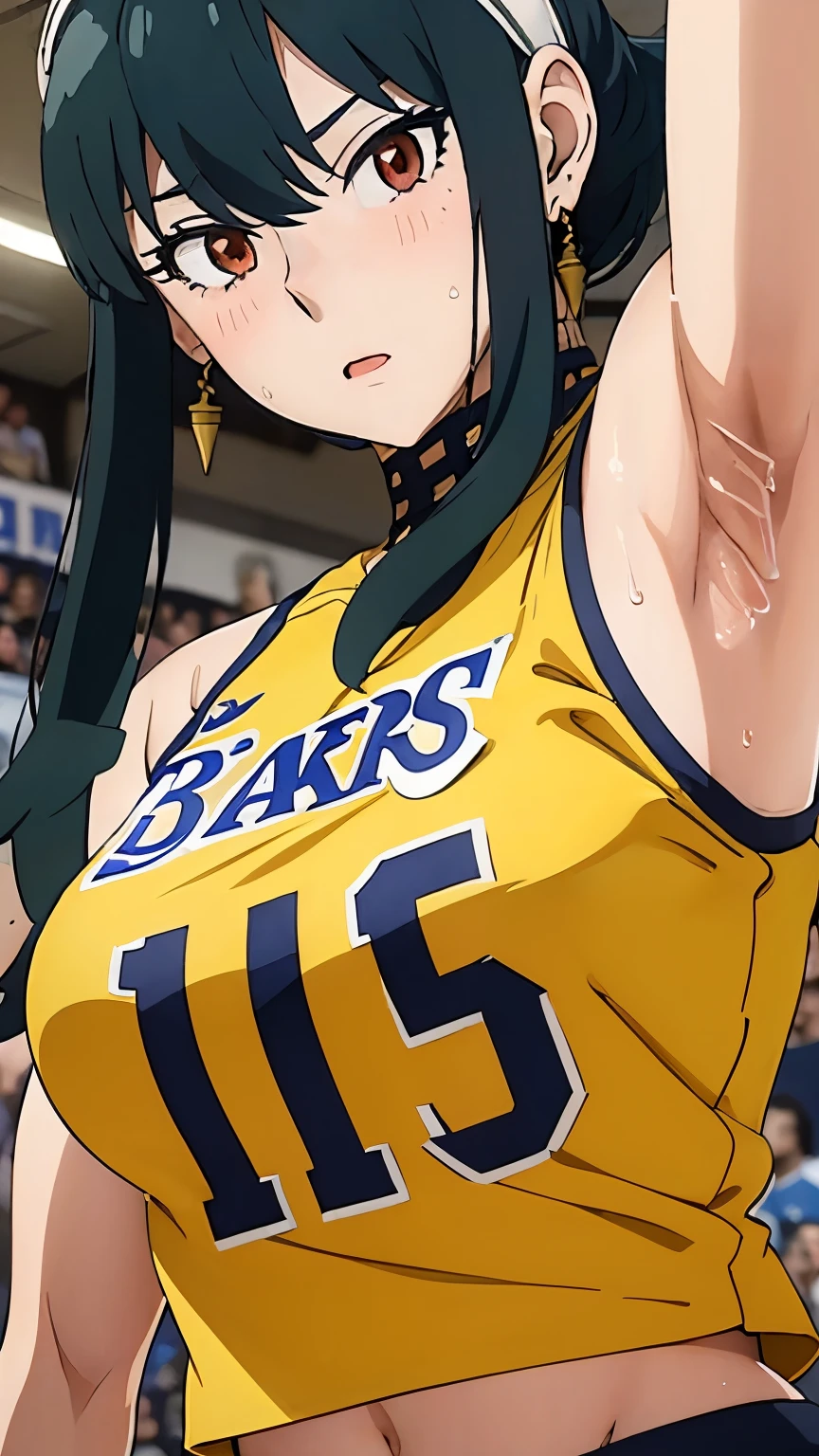 a close up of a person wearing a basketball uniform, a picture, inspired by Kentaro Miura, trending on pixiv, Yor Forger, Spy x Family, wearing yellow nba jersey, yellow croptop nba jersey, wearing a low cut croptop, wearing croptop, croptop, the words "Lakers" written on the croptop, golden raito, (winking), shirobako, large)}], favorite scene, fine details. anime. skins, sweating, big breasts, both hands raised, armpits, armpits visible, dripping with sweat, more more sweat, sweaty armpits