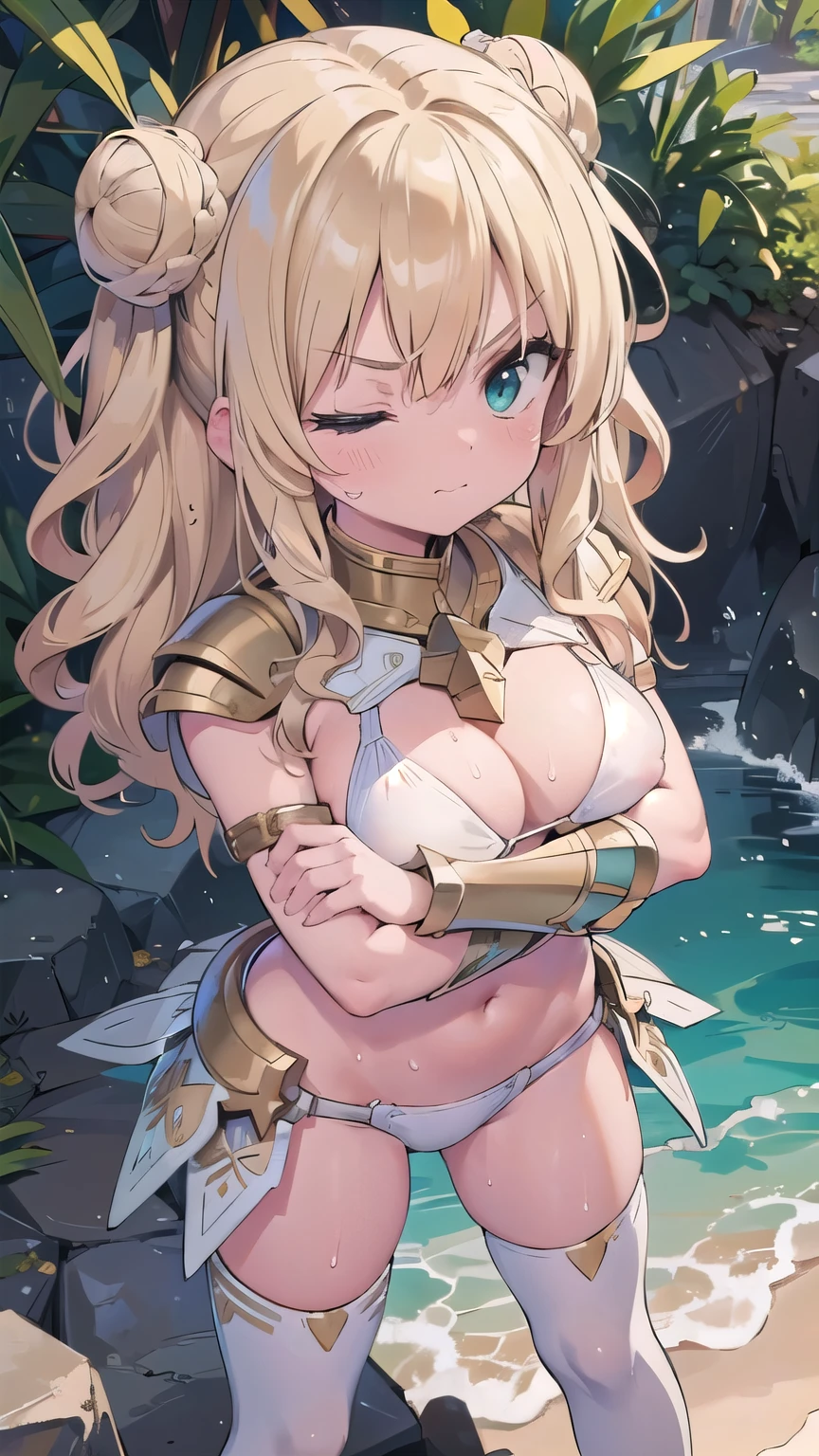 (masterpiece:1.2), (highest quality:1.2), perfect eyes, perfect face, perfect lighting, desert ((((white bikini armor)))), nsfw,　1 girl, blonde, yellow-green eyes, one eye closed, (((wavy hair))), bun_head, medium hair,  cute eyes　looking at the viewer　((From above)), ((abs)), (fang), sweat, closed mouth, (((glaring))), smile, ((contemptuous)), ((disdain)), contrapposto, crossed arms, ((big breasts))