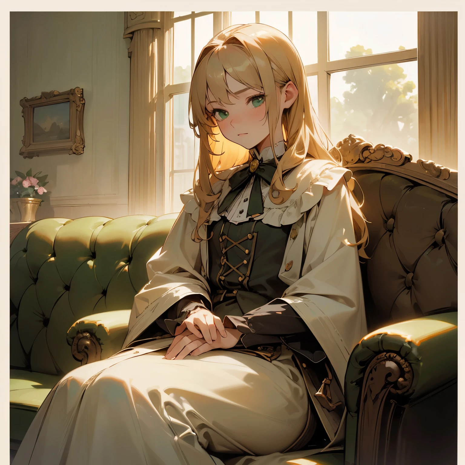 (((Masterpiece, High Quality, Best Quality, High Resolution, Center of Close-up Shot, Realistic, Siesta, One Girl, A 15-year-old noble girl, British, 171 cm tall, medium length blond-sandy hair, beautiful green eyes, Stacked Books, Sofa))),Impermanence,Hermann Hesse,No People in Frame,Eaves,First-Person View,Evening,Low Clouds,Thin Clouds,Sun Setting,Silence,Serenity,Steampunk,Ephemeral,Illusion,Hope for Tomorrow,Better clothing,detailed clothing,perfect clothes
