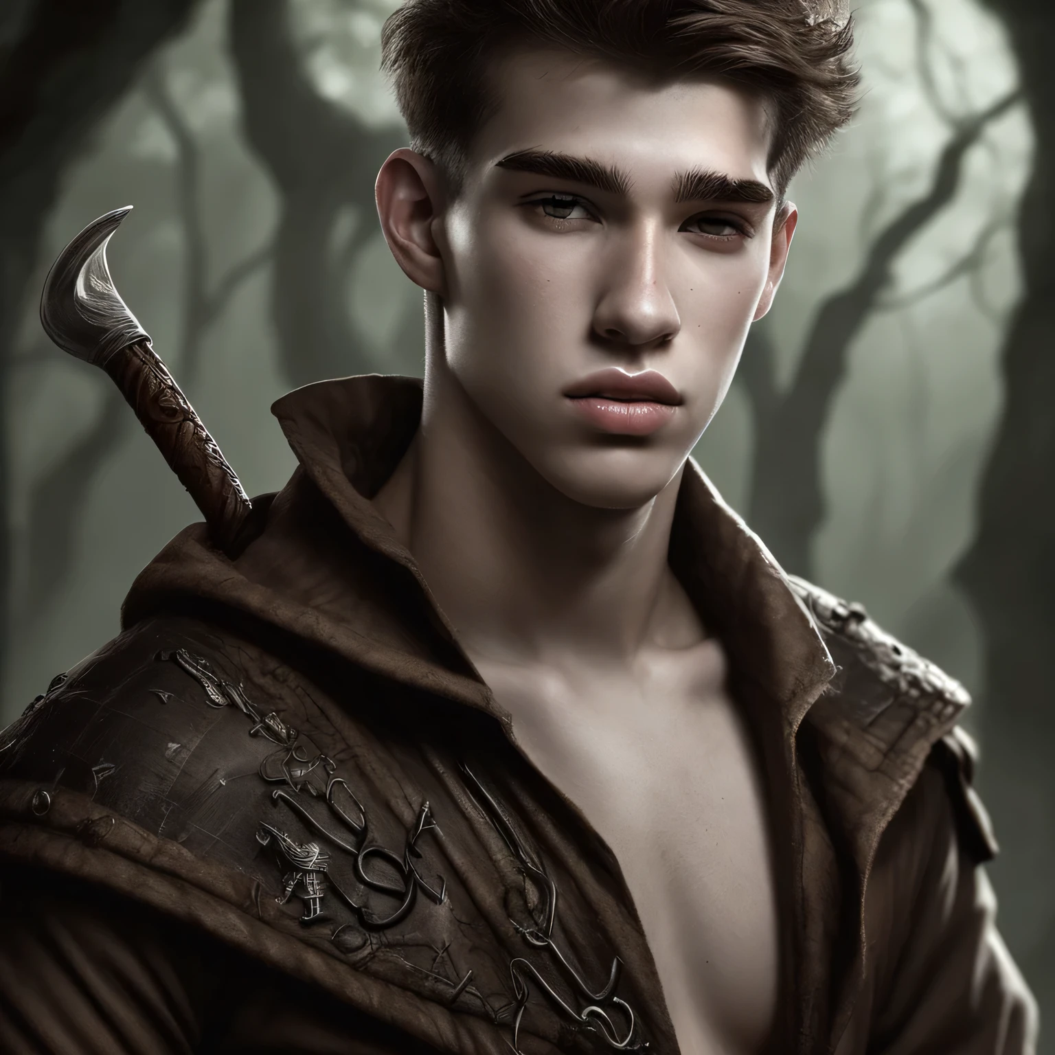 20 year old man, cabello rubio, delgado y esbelto, piel clara, ojos claros, bow in hand, fondo de bosque, estilo Dungeons and Dragons