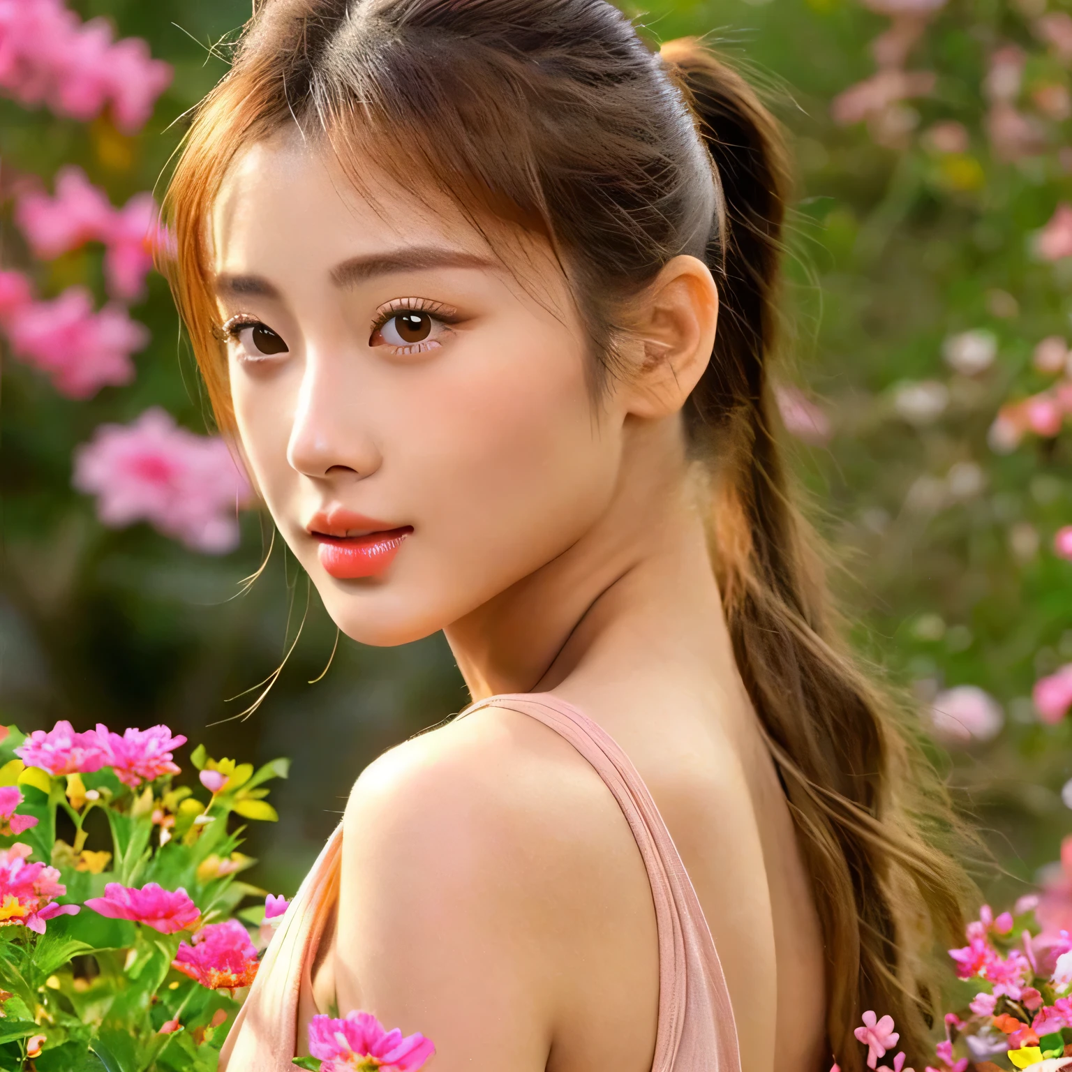 18k, hd, hyper realistic of a 21 years old Asian beautiful woman with ponytail golden hair, bright brown eyes, pink full lips, pure light skin, biggest size and hugest size ass, stunning the beautiful wild flower garden