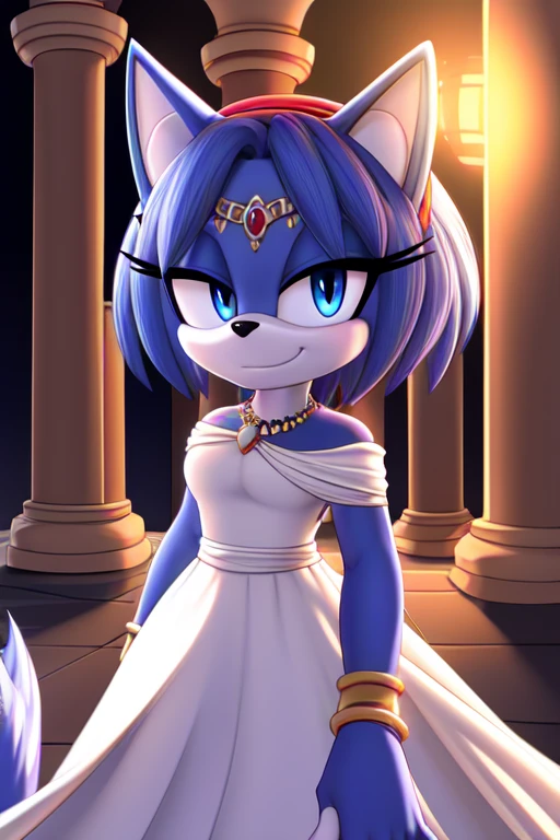 Krystal The Fox, Blue Fox, Blue Skin, Blue Eyes, Fox Tail, Beautiful, Short Hair, Yellow Hairband, Jewelry, White Dress, Long Dress, Night, Stars, Looking at Viewer, walking, 2D illustration, 2D art, A Background of a Roman pillars in a Roman temple, with flowers, upper body, close up, head portrait