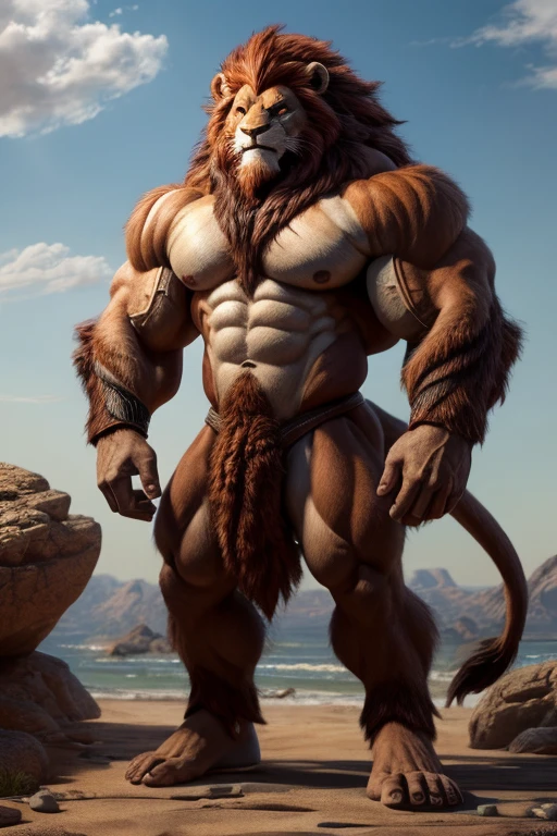 Uma imagem realista de Lion-o dos thundercats, super gigante musculoso, with muscular arms, olhos azuis, uma cauda, super peludo de pelo marrom, com as veias saltando, ombros largos, giant toned physique, veias musculares estourando, usando colete azul rasgada, standing barefoot, correndo, em seu castelo