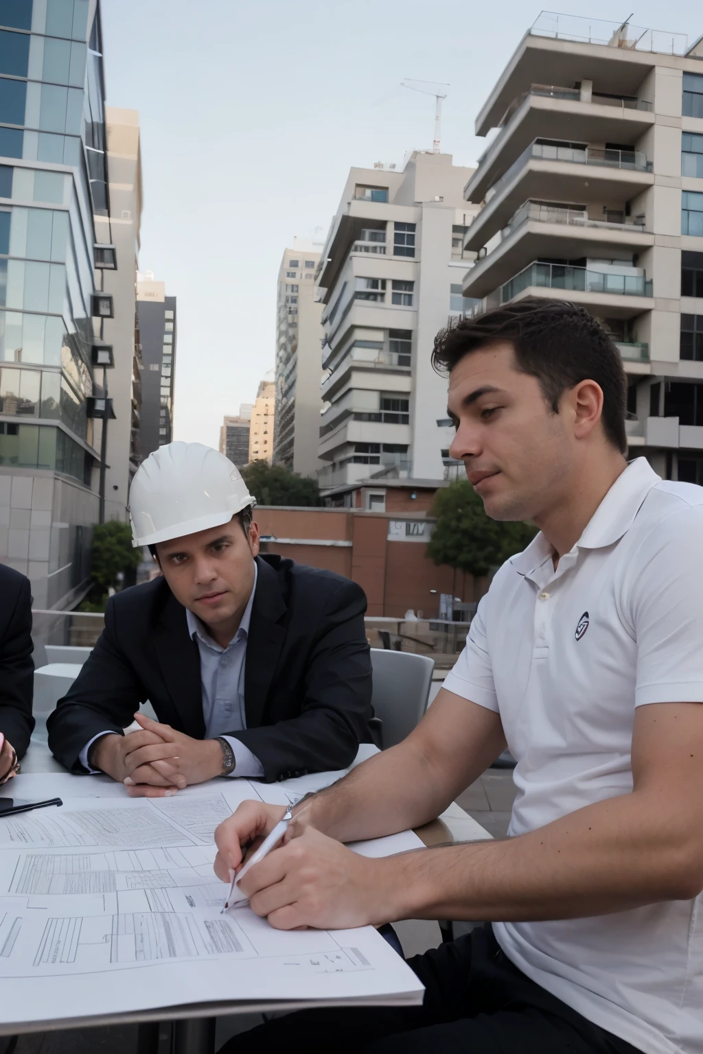 men and women engineers at a business meeting watching the construction of their next building on the plans and behind them is the Costanera Center building