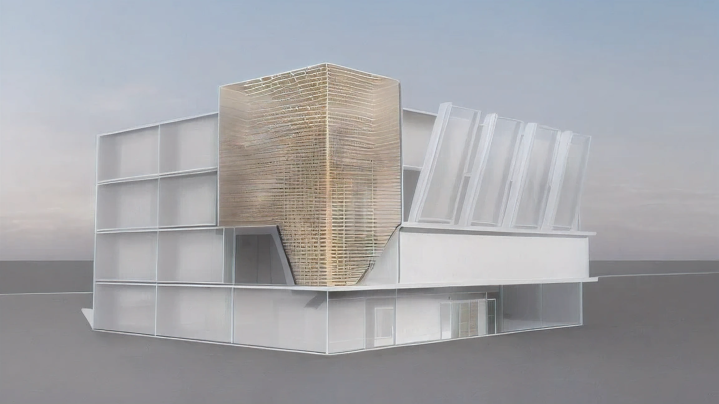 un rendu d'a building with a roof and a window, middle view, image conceptuelle, vue de face, Outdoor shooting, rendu conceptuel, 3 / 4 vues, 3/4 vues, rendu QG net, digital rendering, 3/4 vues from below, dessin conceptuel, illustration rendue, vue de perspective, vue 3d render, impression d'artistes, concept architectural