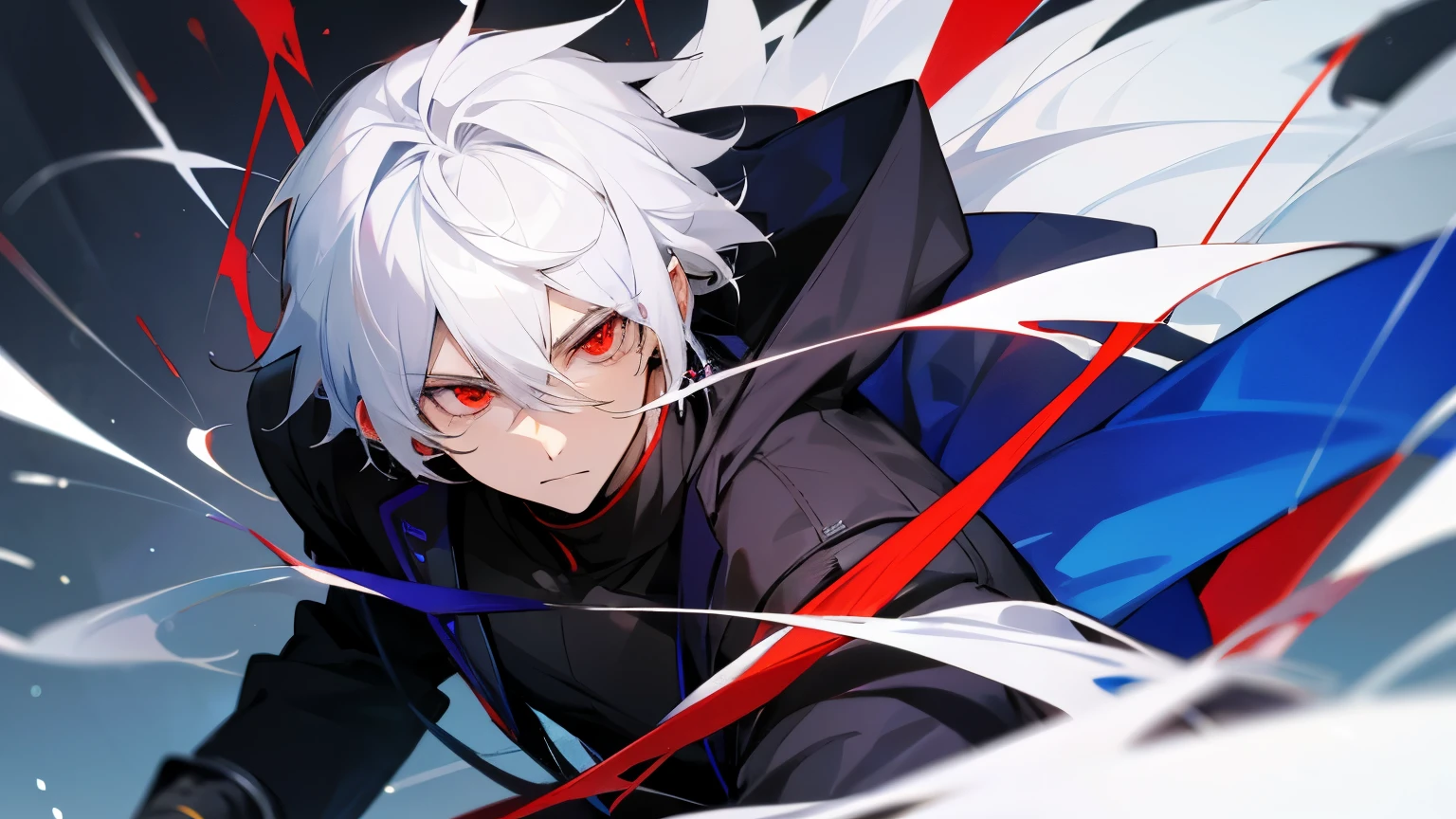 Create an image of a handsome, cool-looking anime man in a modern setting, with white hair and red eyes