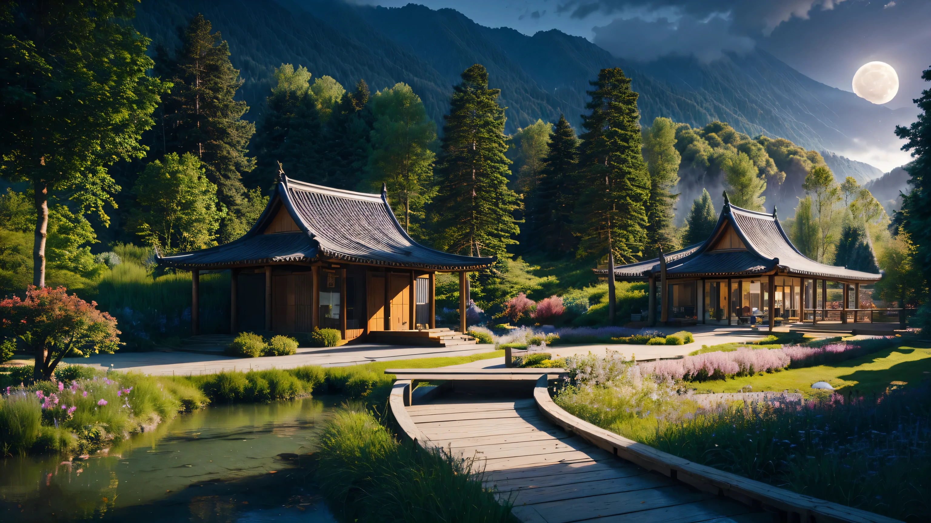 A masterpiece, a bamboo forest, a field, an 18-year-old beautiful girl wearing a kimono, a starry sky, the moon, bamboo, a deep view, many stars, a night view, a simple small old folk house, a mountain, a river, a bridge, a magic tree, a fantasy valley, Bamboo forest, magical world, colorful and detailed dreamscape, beautifully detailed fantasy, flowers
