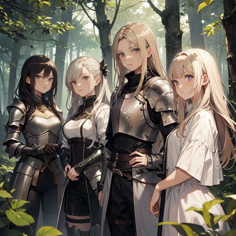 A group of  female knights, (in forest), various hair styles, harem, wearing armored clothes, metal armor, night, details face, trousers, seducing, sword, 