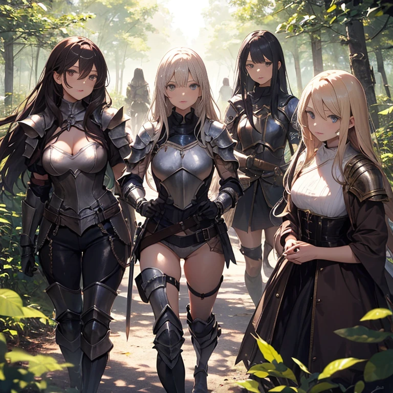 A group of female knights, (in forest), various hair styles, harem, wearing armored clothes, metal armor, night, details face, trousers, seducing, sword, all girls