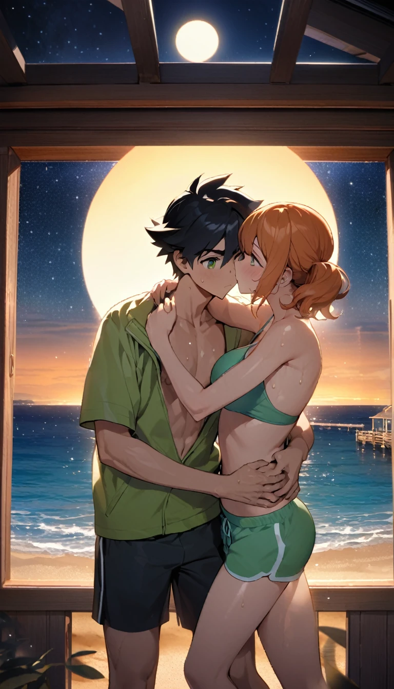 black hair, short hair, brown eyes, hair between eyes, ash ketchum, sweat shorts, shirtless misty pokémon, orange hair, green eyes, side ponytail, green bikini, masterpiece, sun overhead, photograph of beautiful 18 year old couple, inside a beach house at night, , starry night, full Moon, in the style of silhouette figures, hugging, kissing, putting her hand on his chest