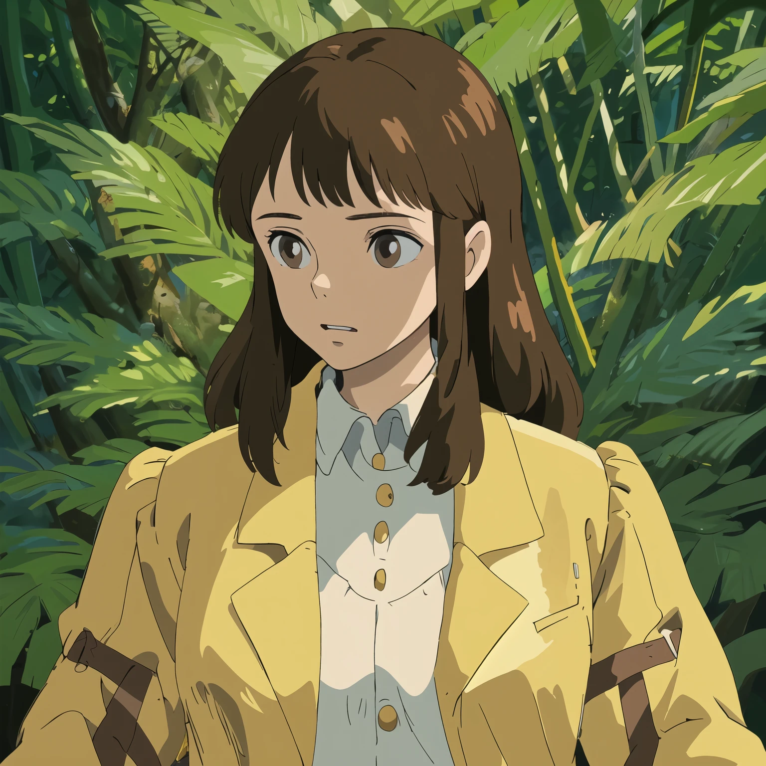 best quality, masterpiece, brown hair, hazel eyes, upper body, jacket, girl, long hair, no bangs, nature