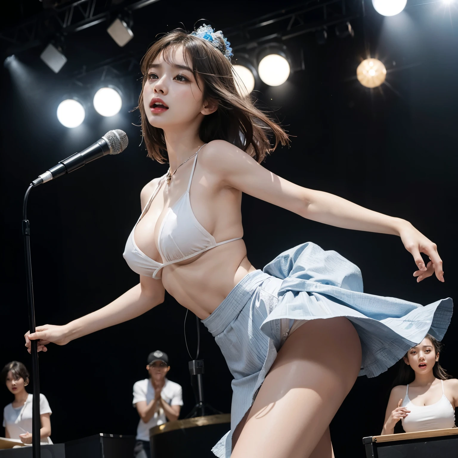 Raw photo, very delicate and beautiful, masterpiece, highest quality, ultra high resolution, 16k, surreal, Super detailed, (perfect anatomy), super dense skin, perfect figure, very detailed, very small head, very small face, delicate features, thin legs, (very huge round breasts), ((3 girls)), full body shot,5 very beautiful girls,troubled expression,crying face,(((stage costume))),(((outdoor stage))),Clothes that accentuate the bust,Girls with very large breasts,Exposed bust,mini skirt,exposed panties,Hami butt,Girl sweating,Clothes stick to your body due to sweat,transparent nipples,full body shot,Low - Angle,constricted waist,very beautiful legs,korean idol,hips move,expression of ecstasy,Singing Girl,Girl groups,attractive appearance,Fans cheer,Exciting Venues,Fan camera shooting,blue sky,enthusiastic fan,dance shoes