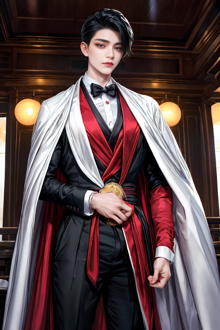 
masterpiece, 最high quality, high quality, 1 boy, alone, male focus, looking at the viewer, whole body, Winning spirit_destiny, Dirty black hair, blue adorable big eyes, white people, Noble, Noble, Noble的な吸血鬼、An elegant tuxedo,A very large, very tall stand-up collar, a very large, very long, long cape that reaches down to the floor, made of a lot of fabric, red and black., 17 years old,cute beautiful boy,cute cute shy face