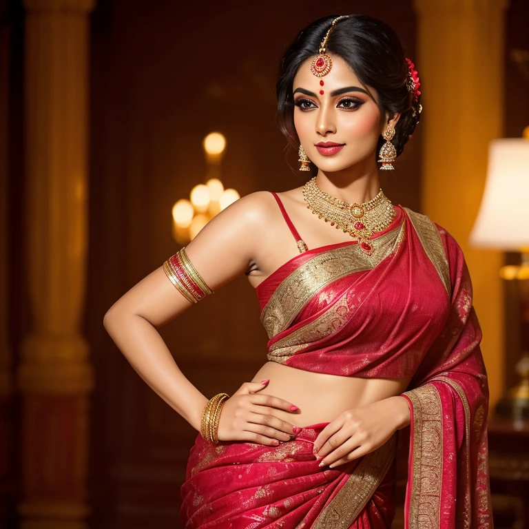 (Highly Detailed, Portrait, Intricate, Attractive Body, Beautiful Eyes, Beautiful Lips, Extremely Detailed Face, Long Eyelashes), ((Full Body Portrait)), Cinematic, Portrait, Dynamic Lighting, Most Beautiful Portraits, Indian Celebrity, (Wearing Traditional Indian Red Sari), Traditional Indian Clothing, Indian Jewelry, Symmetrical Face, Stunning Art, Intense Look, Detailed, Red Lips, Messy Strands of Hair, Detailed Hair, Intense Look, (Best Quality, 4k, 8k, High-Res, Masterpiece: 1.2), Ultra-Detailed, (Realistic, Photorealistic, Photorealistic: 1.37), Vivid Colors, Sharp Focus, Portrait, Studio Lighting, Holding a Golden Book in a Dark Room, (SFW), (Light Skin Color)
