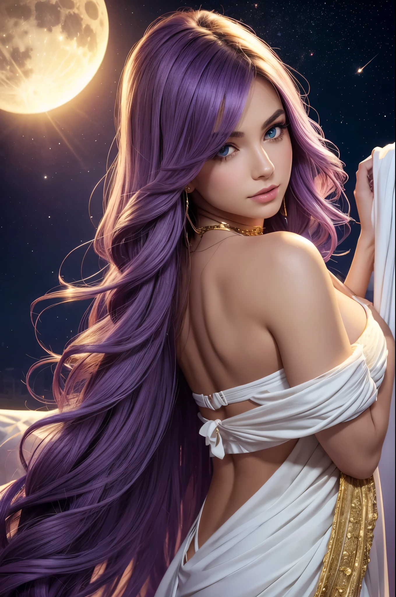 one American girl, realistic green eyes, long light purple lilac hair, large tits, large chest, cleavage, draped in white fabric with gold accessories, gold jewelry, high cheekbones, close up, masterpiece, best quality, looking at viewer from behind over the shoulder, plump lips, oriented to the left, purple starry sky with close up bright large full moon centered behind woman, zoomed out, full body