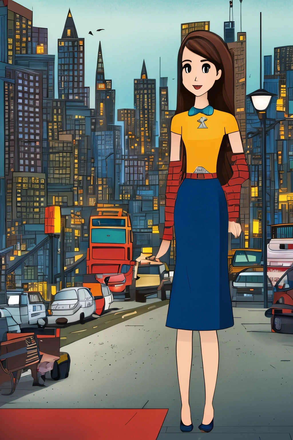 A girl waiting at a traffic light in a busy city, surrounded by tall buildings and bustling traffic. The girl has beautiful detailed eyes, long eyelashes, and beautifully detailed lips. She is wearing a stylish outfit, and her expression shows a mix of anticipation and impatience. The cityscape is rendered in a realistic and detailed style, with vibrant colors and sharp focus. The lighting is a combination of city lights and street lamps, creating a visually striking atmosphere. The image is of the best quality, with ultra-detailed textures and a realistic, photorealistic appearance. The overall color tone is urban and modern, with a touch of warmth.