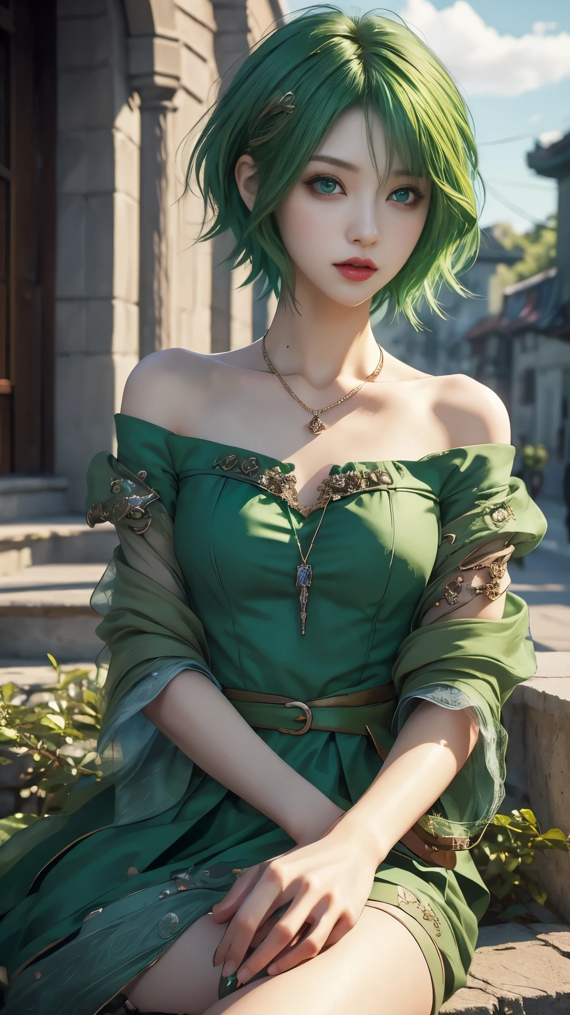 masterpiece, top-quality, ((1womanl)), different green color, finely eye and detailed face, intricate detailes, Casual black and green attire, window, A smile, Happiness, tenderness, high-level image quality、selfee, Beautuful Women、tall、a small face, D-cups, The upper part of the body、nightfall, nighttime scene、𝓡𝓸𝓶𝓪𝓷𝓽𝓲𝓬、Korea person, Idol Photos, Model photo, k pop, Professional Photos, Vampires, Korean fashion in black and green, Fedoman with necklace, inspired by Sim Sa-jeong, androgynous vampire, :9 detailed face: 8, extra detailed face, detailed punk hair, ((eyes are deialed)) baggy eyes, Seductive. Highly detailed, semi realistic anime, Vampires, hyperrealistic , Delicate androgynous princess, imvu, ((short hair woman)), green hair woman with wild look, ((Woman with short green hair)), ((1 persons)), sitting,