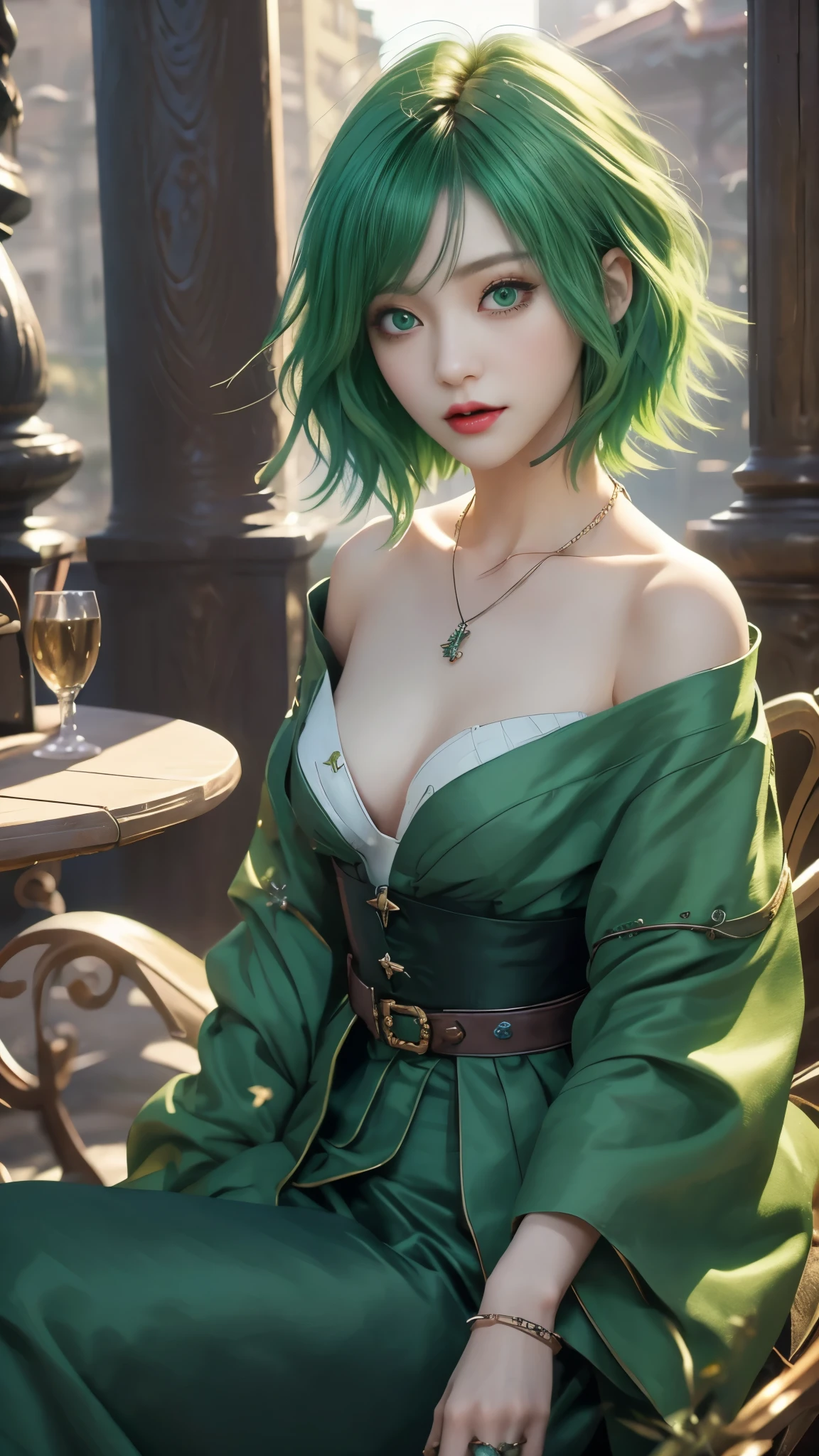 masterpiece, top-quality, ((1womanl)), different green color, finely eye and detailed face, intricate detailes, Casual black and green attire, window, A smile, Happiness, tenderness, high-level image quality、selfee, Beautuful Women、tall、a small face, D-cups, The upper part of the body、nightfall, nighttime scene、𝓡𝓸𝓶𝓪𝓷𝓽𝓲𝓬、Korea person, Idol Photos, Model photo, k pop, Professional Photos, Vampires, Korean fashion in black and green, Fedoman with necklace, inspired by Sim Sa-jeong, androgynous vampire, :9 detailed face: 8, extra detailed face, detailed punk hair, ((eyes are deialed)) baggy eyes, Seductive. Highly detailed, semi realistic anime, Vampires, hyperrealistic , Delicate androgynous princess, imvu, ((short hair woman)), green hair woman with wild look, ((Woman with short green hair)), ((1 persons)), sitting,