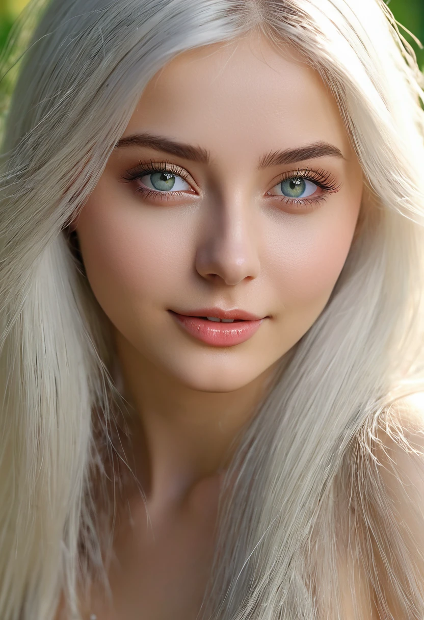 (16k unity color, masterpiece, Top quality, highly detailed, Highly detailed computer graphics, beautiful detailed eyes, detailed shadows, Beautiful Russian girl 28 summer height 180, Big buttocks, pay attention to smooth vagina, completely naked, long white hair, fees, posing for photos, beautiful smile Ultra high definition