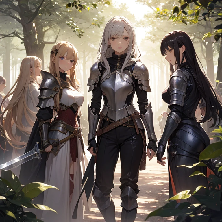 A group of  female knights, (in forest), various hair styles, harem, wearing armored clothes, metal armor, night, details face, trousers, seducing, sword,