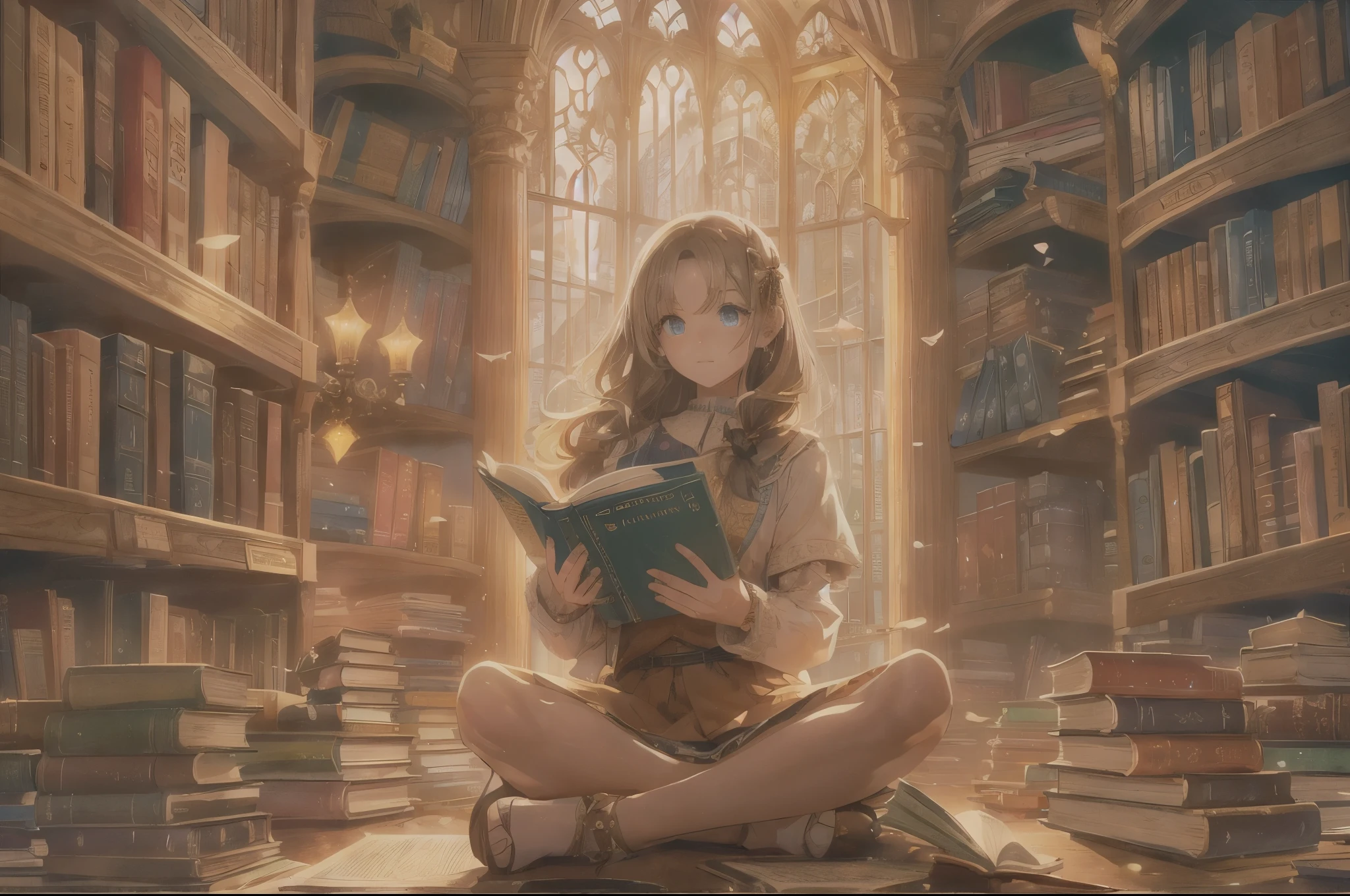 (a girl with beautiful detailed eyes, enchanting vibes, in a giant library filled with shelves of books),(books flying in the air, creating a magical atmosphere),(points of light shining through the windows, adding a touch of mystery and wonder),(best quality, ultra-detailed, realistic),(illustration, vivid colors, sharp focus),(warm color tones, creating a cozy ambience),(soft natural lighting, illuminating the girl and the books)