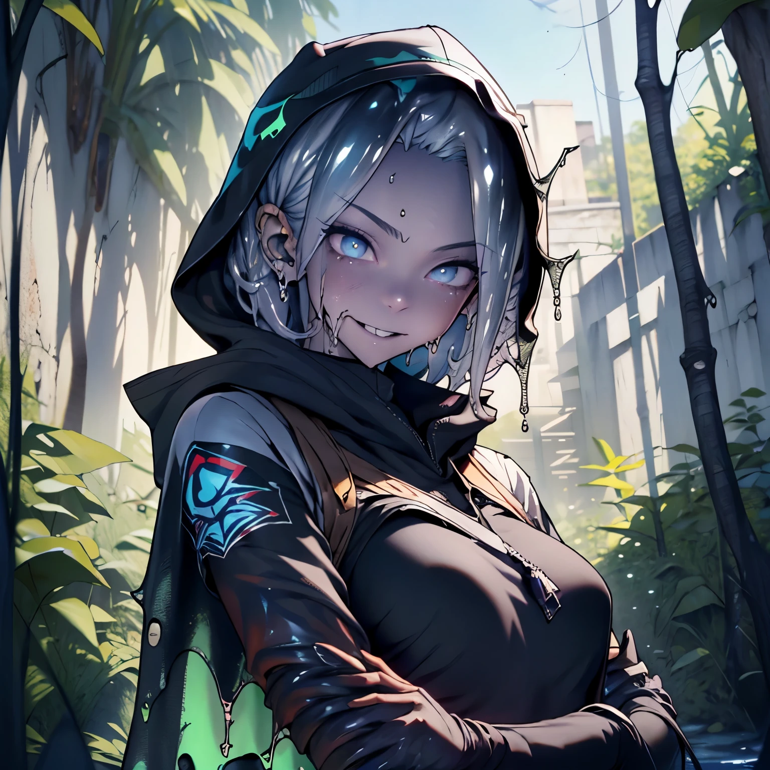 Young Adult, Androgynous, Assassin, ((( Plasmiod ))), Beautiful, Black Hood, Mask, Athletic, Thin, Silver Hair, Shorthair, Blue Eyes, Smiling, Jungle, 3D, Cinematic, HDR, Very Detailed, HD, Background, RTX, 2K, Masterpiece, RE3Jill, ((( Slime Translucid body ))), Full Body, Very Detailed, HD, 3D, Masterpiece