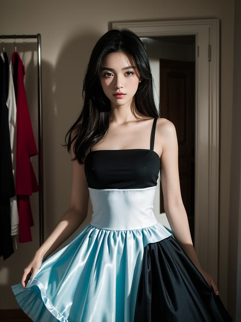 ( masterpiece, top quality, best quality, official art, Beauty and Aesthetics,8k,17 years old girl,ultra detailed,raw photo:1.5),(photorealistic:1.4), (black hair:1.5), Dreamy, cinematic lighting, PerfectNwsjMajic, , Surrealism, UHD, ccurate, Super detail, textured skin, High detail, Best quality, ((Movie Light)) , dynamic angle, splash art,Colorful,White skin,[Beautiful blue eyes], high nose,[flat chest:large breasts:0.5],(1girl),(good anatomy:0.5)),Dressing room ,50mm lens, tutu, black dress ballet,Closet,4x-UltraSharp,stand
