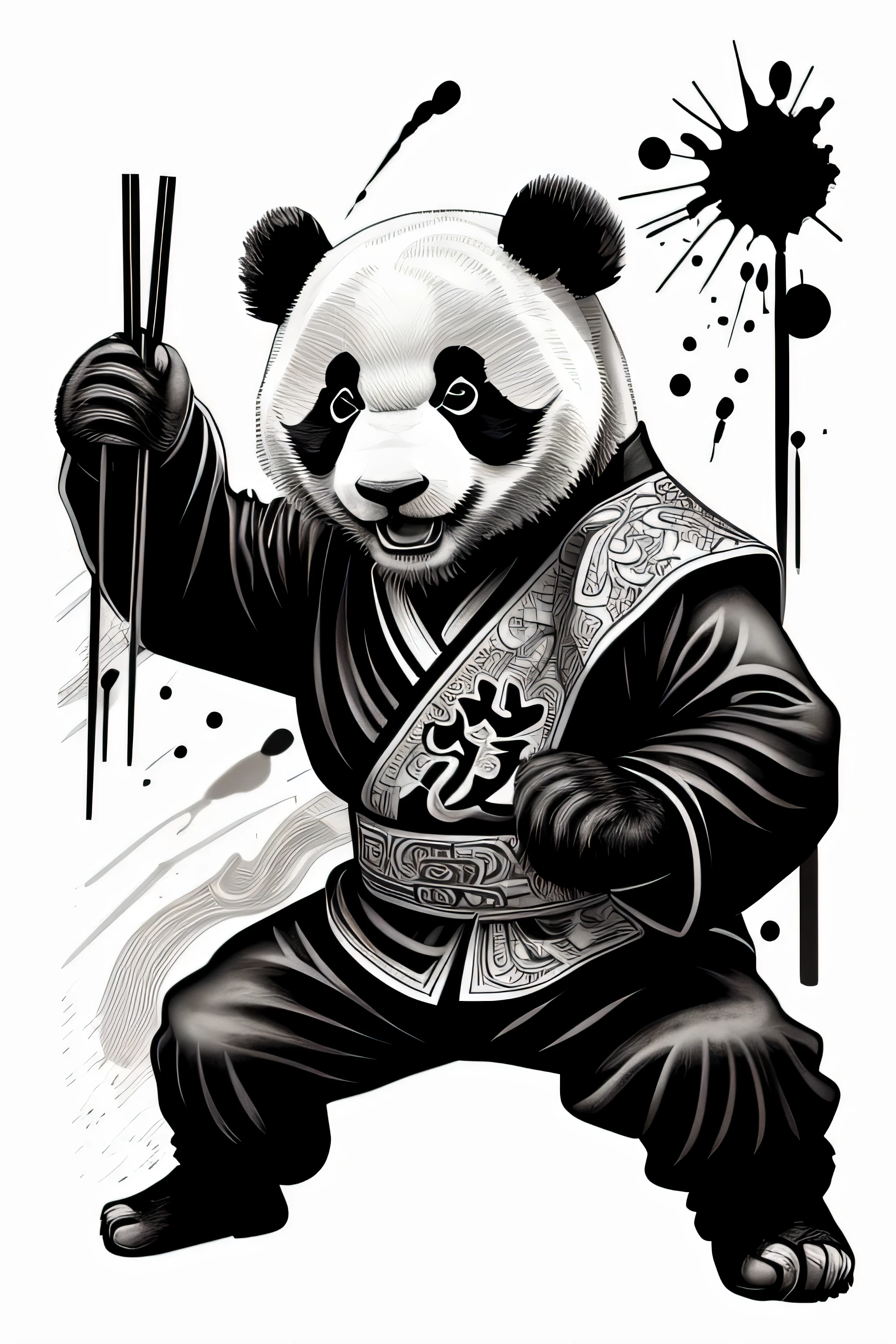 zydink, monochrome, ink sketch, 1panda holding chopsticks eating Chinese food), around of chinese food, (Sprayed black ink as the background.), fighting stance, looking at viewer, , hanfu, chinese clothes, (abstract ink splash:1.2), white background, no human hands or feet.