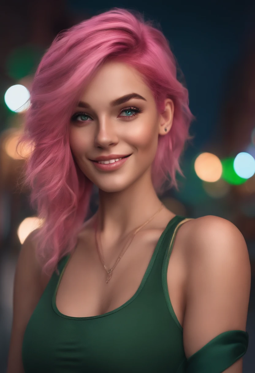girl, pink hair, green eyes, athletic build, smile, ultra-realistic skin, night street