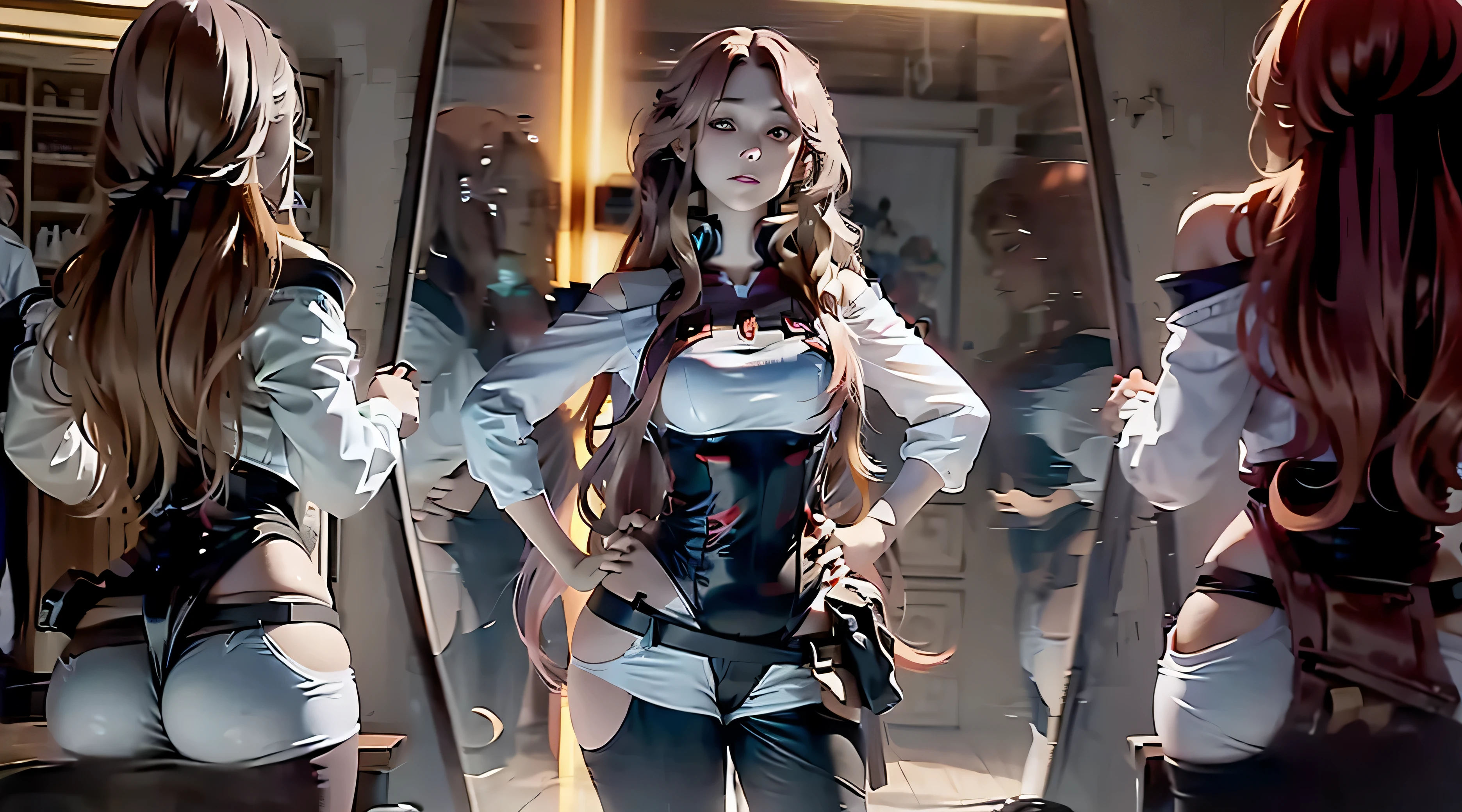 araffed woman with long red hair standing in front of a mirror, waist long hair, long brown wavy hair, long wavy brown hair, long curvy hair, long hair girl, ginger wavy hair, long curly brown hair, red waist-long hair, hair down to waist, long wavy hair, with long hair, light brown long wavy hair, long hair