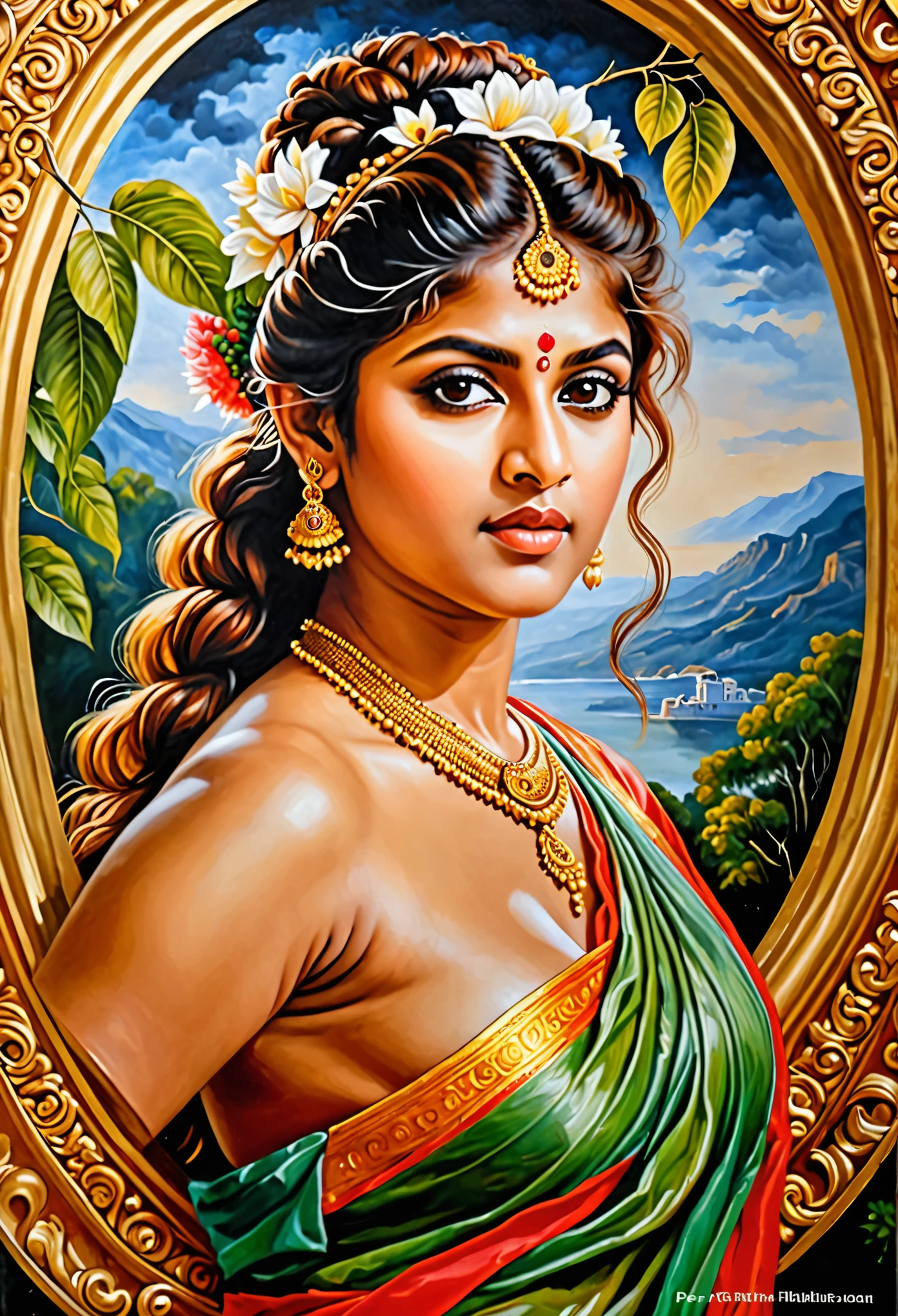 Looks like Nayanthara, exotic Indian art, oviyar maruthi style painting, Masterpiece, Beautiful Thick Woman, Best quality, high clarity eyes, critically flawless,sharp picture, Full portrait, High pixels, perfect face, perfect eyes, beautiful face, perfect hands,perfect fingers, in Peter Paul Rubens style, by Peter Paul Rubens, baroque style, acrylic on canvas, highly detailed, description: "Create a nymph inspired by the tales of Greek or Roman mythology, embodying the essence of a natural element or location, and possessing a unique ability or trait that sets her apart."