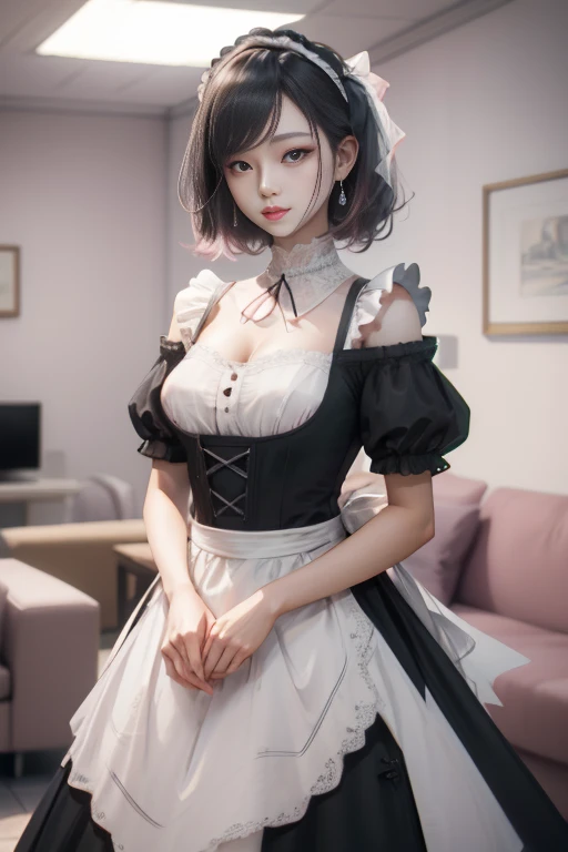 ((best qualtiy)), ((tmasterpiece)), (the detail:1.4), 3D,Front fill light,hdr(HighDynamicRange),Ray traching,NVIDIA RTX,Hyper-Resolution,Unreal 5,Subsurface scattering、PBR Texture、post-proces、Anisotropy Filtering、depth of fields、maximum definition and sharpness、Many-Layer Textures、Albedo e mapas Speculares、Surface coloring、Accurate simulation of light-material interactions、perfectly proportions、rendering by octane、Two-colored light、largeaperture、Low ISO、White balance、the rule of thirds、8K raw data、Raised translucent top, Smaller top, Smaller white lace shorts, Raised, Mature feminization, Flattering eyes, White lace translucent top,Flat bare lower abdomen snow white thigh white lace stockings bare arms