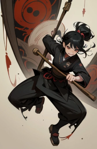 Lion girl , black hair,Long hair,cute, with lion tail , in black eyes, wound fabric on leg,Black suit, pantyhose,Have a sword, Medium Chest , Serious Face ,thigh,cute, Ponytail,Fencing,