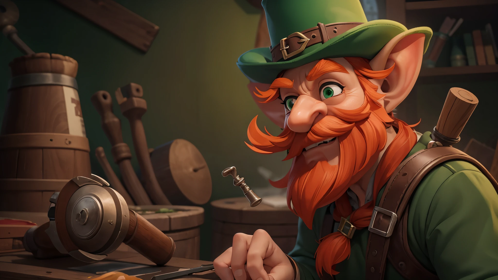 (master piece), 8k, best quality, cartoon Leprechaun, tiny  man, 1 meter tall, red hair, red beard, old man, wrinkled skin, thick nose, brown eyes and pointed elf ears, which denote his magical nature, clothes green, often accompanied by a red cap, a strange green three-pointed hat, which adds a touch of mystery to their appearance. A leather apron and buckled shoes complete her signature attire. They always keep with them a pipe, a small old and worn hammer, indicating their skills as craftsmen and engineers.