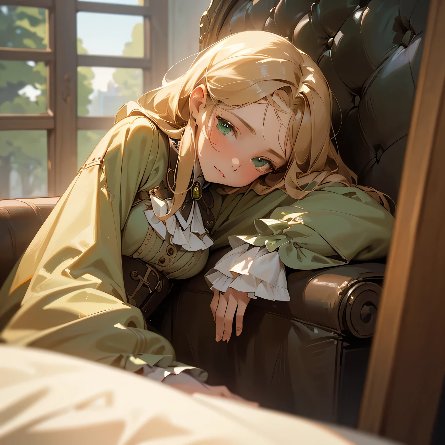 (((Masterpiece, High Quality, Best Quality, High Resolution, Center of Close-up Shot, Realistic, Siesta, One Girl, A 15-year-old noble girl, British, 171 cm tall, medium length blond-sandy hair, beautiful green eyes, Stacked Books, Sofa))),Impermanence,Hermann Hesse,No People in Frame,Eaves,First-Person View,Evening,Low Clouds,Thin Clouds,Sun Setting,Silence,Serenity,Steampunk,Ephemeral,Illusion,Hope for Tomorrow,Better clothing,detailed clothing,perfect clothes