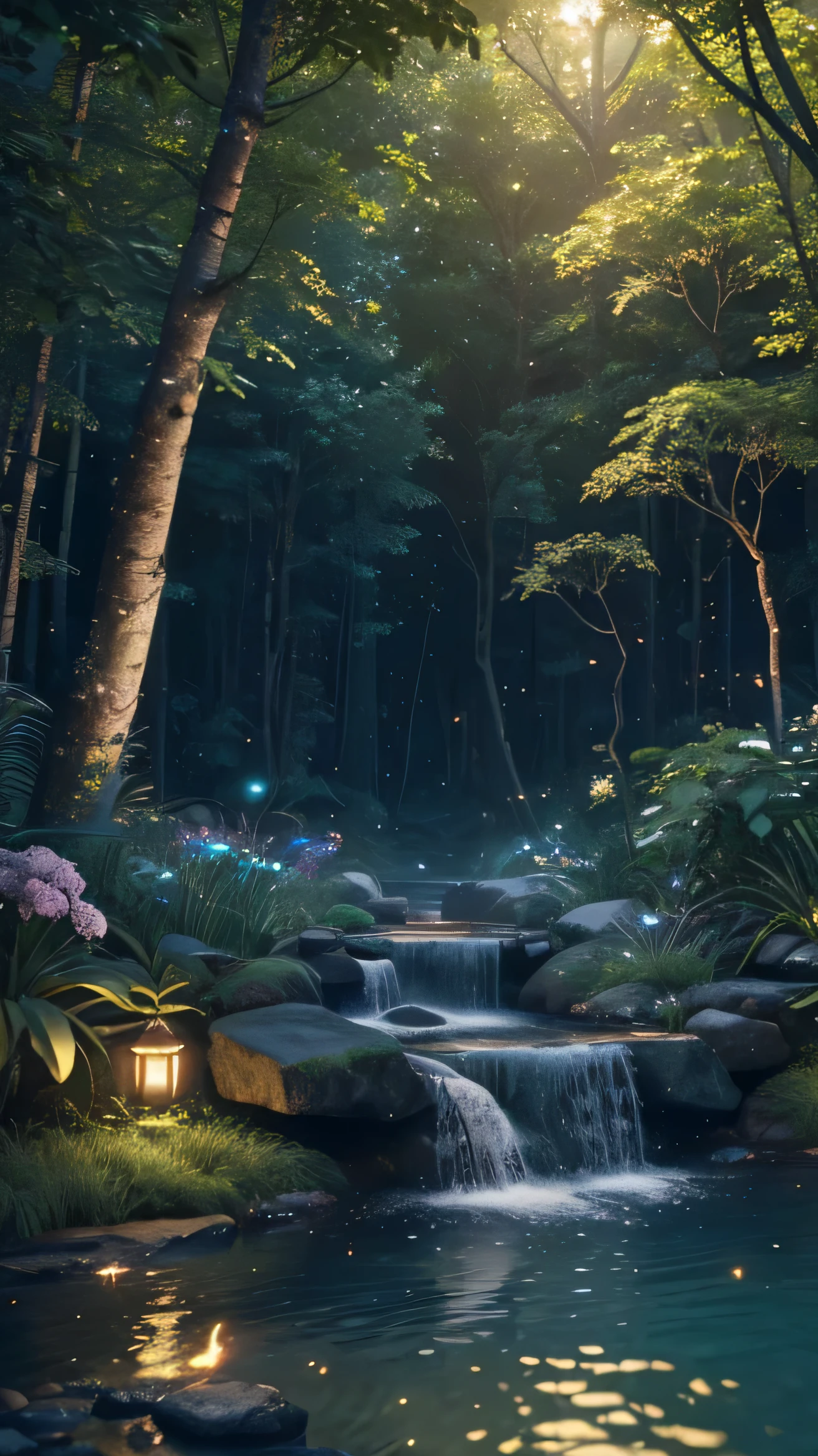 Masterpiece, best quality, (very detailed CG unity 8k wallpaper), (best quality), (best illustration), (best shadows), glow sprite, with a glowing deer, in the swimming pool Drinking water, natural elements in the forest theme. Mysterious forest, beautiful forest, nature, surrounded by flowers, delicate leaves and branches surrounded by fireflies (natural elements), (jungle theme), (leaves), (twigs), (fireflies), (particle effects) etc. 3D , Octane rendering, ray tracing, super detailed
