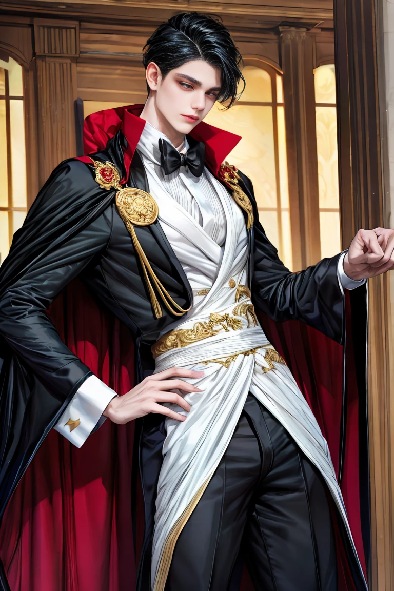 masterpiece, 最high quality, high quality, 1 boy, alone, male focus, looking at the viewer, whole body, Winning spirit_destiny, messy black hair, blue adorable big eyes, white people, Noble, Noble, Noble的な吸血鬼、An elegant tuxedo,A very large, very tall stand-up collar, a very large, very long, long cape that reaches down to the floor, made of a lot of fabric, red and black., 17 years old,cute beautiful boy,cute cute handsome boy