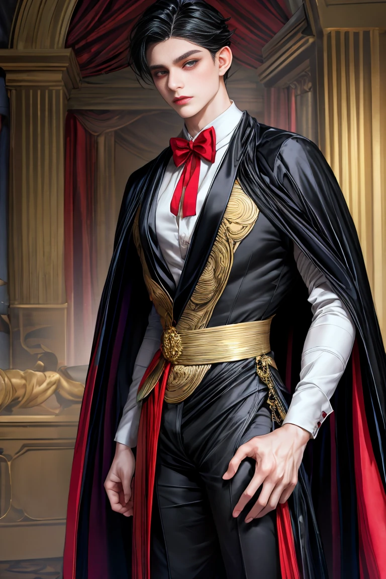 masterpiece, 最high quality, high quality, 1 boy, alone, male focus, looking at the viewer, whole body, Winning spirit_destiny, messy black hair, blue adorable big eyes, white people, Noble, Noble, Noble的な吸血鬼、An elegant tuxedo,A very large, very tall stand-up collar, a very large, very long, long cape that reaches down to the floor, made of a lot of fabric, red and black., 17 years old,cute beautiful boy,cute cute handsome boy