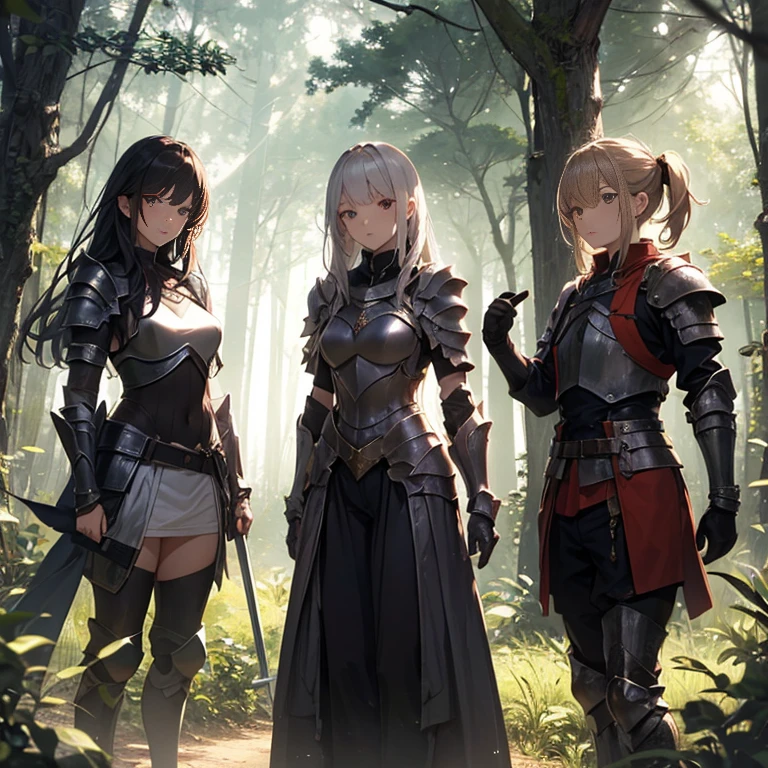 A group of female knights, (in forest), various hair styles, harem, wearing armored clothes, metal armor, night, details face, trousers, seducing, sword,