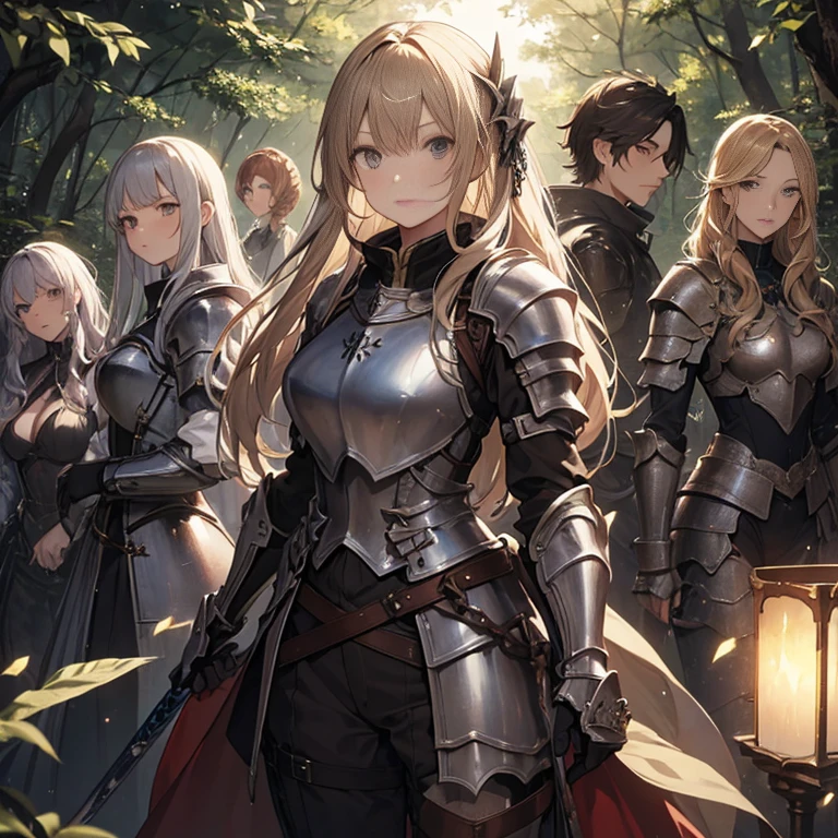 A group of  female knights, (in forest), various hair styles, harem, wearing armored clothes, metal armor, night, details face, trousers, seducing, sword,
