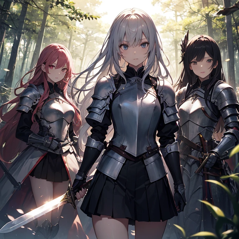 A group of  female knight, (in forest), various hair styles, harem, wearing armored clothes, metal armor, night, details face, , short skirt, seducing, sword 