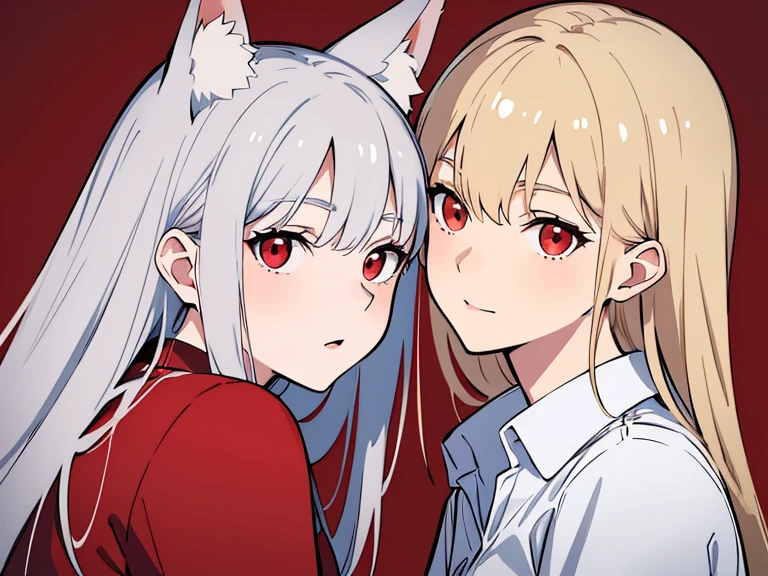 (best quality, highres, ultra-detailed:1.2), realistic, painting, detailed faces, couple, man Fox earl  pale skin, short white hair, red eyes, casual clothing, woman fox earl pale skin, long silver hair, red eyes, casual clothing, fox-like appearance, acostada sobre el, sentada sobre el o por delante de el