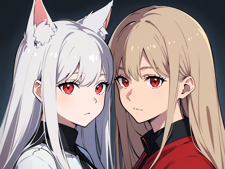 (best quality, highres, ultra-detailed:1.2), realistic, painting, detailed faces, couple, man Fox earl  pale skin, short white hair, red eyes, casual clothing, woman fox earl pale skin, long silver hair, red eyes, casual clothing, fox-like appearance, acostada sobre el, sentada sobre el o por delante de el