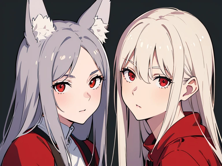 (best quality, highres, ultra-detailed:1.2), realistic, painting, detailed faces, couple, man Fox earl  pale skin, short white hair, red eyes, casual clothing, woman fox earl pale skin, long silver hair, red eyes, casual clothing, fox-like appearance, acostada sobre el, sentada sobre el o por delante de el