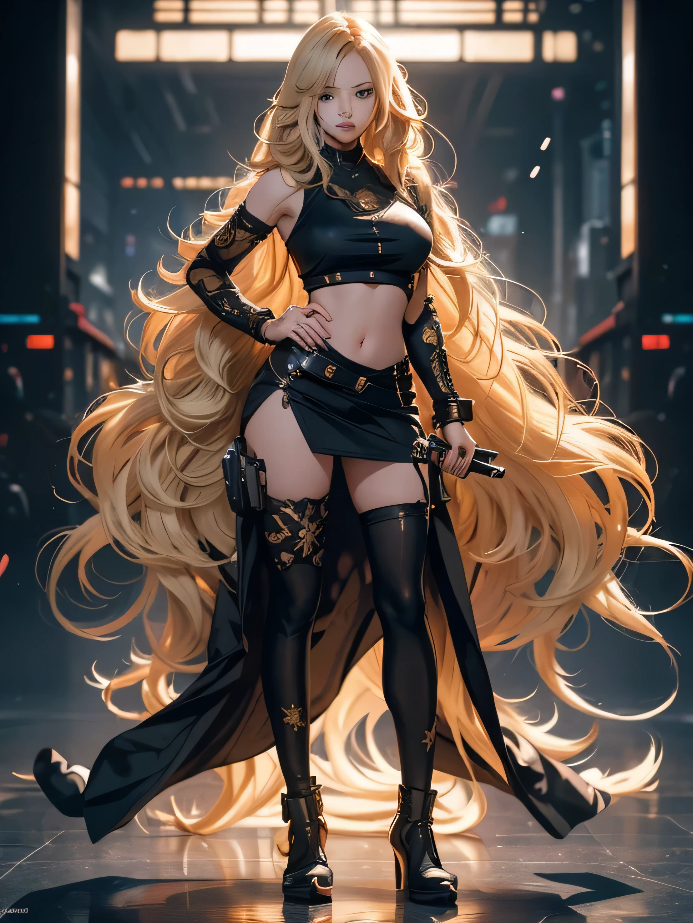 a woman with long blonde hair and a black top holding a gun, blonde anime girl with long hair, anime full body illustration, detailed anime character art, full body illustration, anime girl with long hair, highly detailed character design, female anime character, anime woman fullbody art, intricate outfit, ross tran style, anime style character, curly blonde hair | d & d