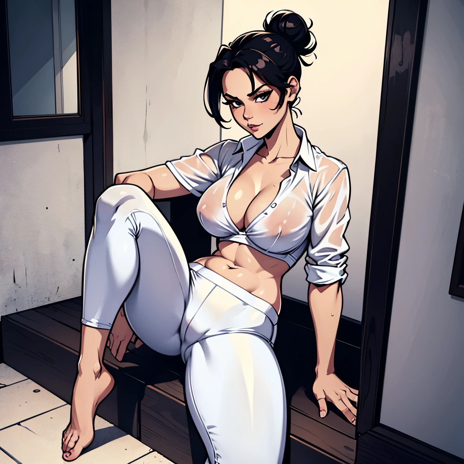 Sexy woman, next door neighbour, black hair, messy bun, seductive look, seductive pose, leaning on doorstep, inviting, white see through shirt, black bra, white pants, barefoot, very sexy, so hot