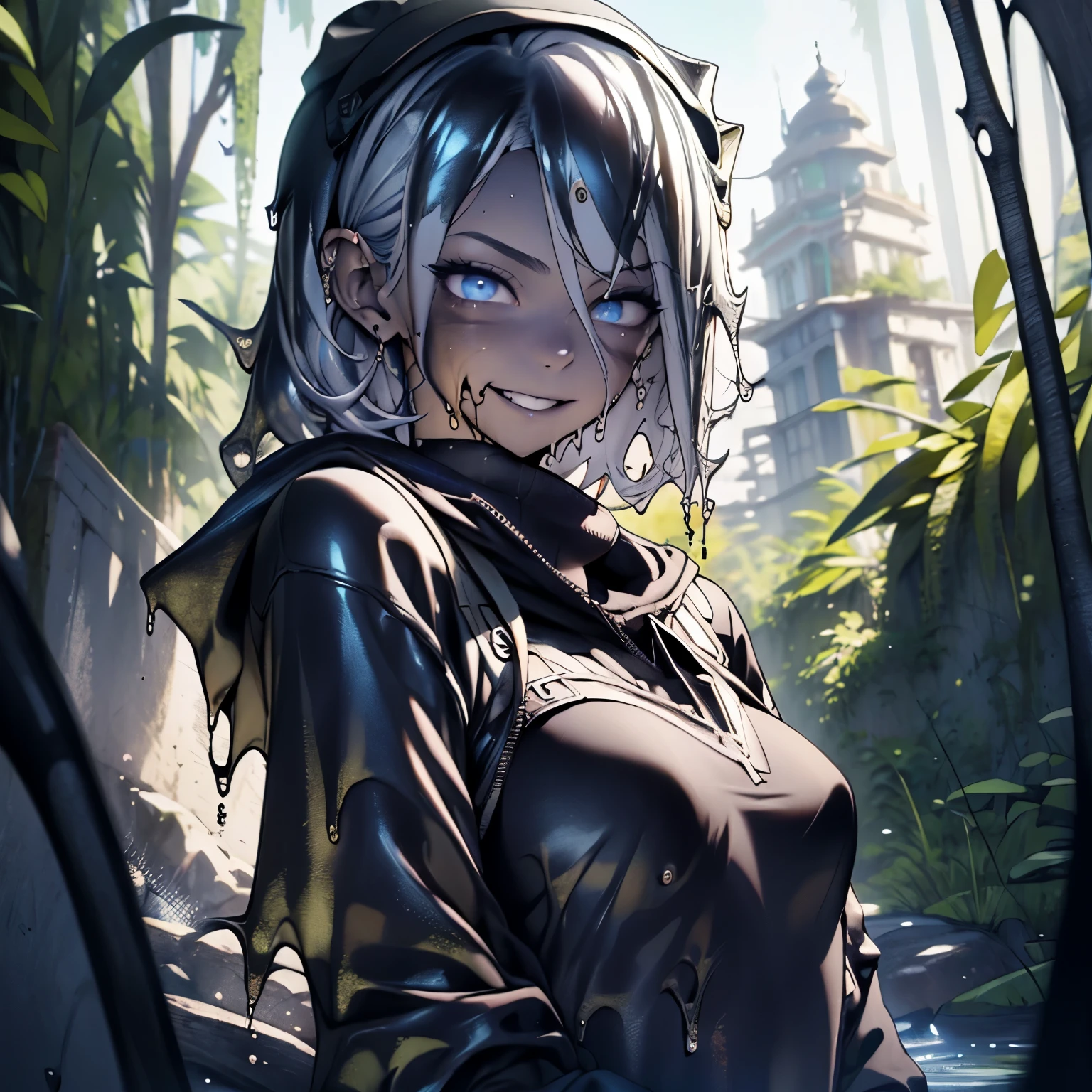 Young Adult, Androgynous, Assassin, ((( Plasmiod ))), Beautiful, Black Hood, Mask, Athletic, Thin, Silver Hair, Shorthair, Blue Eyes, Smiling, Jungle, 3D, Cinematic, HDR, Very Detailed, HD, Background, RTX, 2K, Masterpiece, RE3Jill, ((( Slime Translucid body ))), Full Body, Very Detailed, HD, 3D, Masterpiece