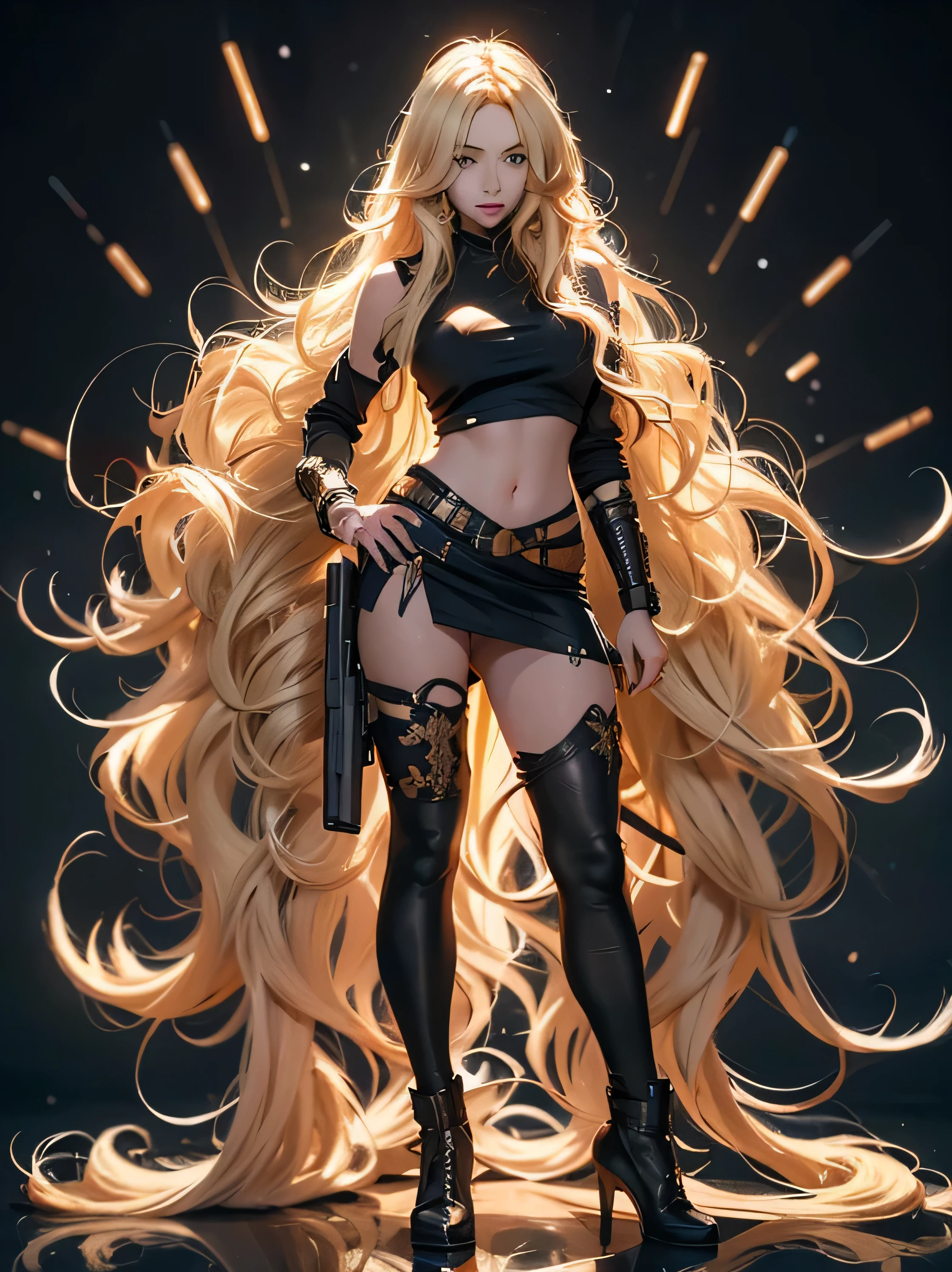 a woman with long blonde hair and a black top holding a gun, blonde anime girl with long hair, anime full body illustration, detailed anime character art, full body illustration, anime girl with long hair, highly detailed character design, female anime character, anime woman fullbody art, intricate outfit, ross tran style, anime style character, curly blonde hair | d & d