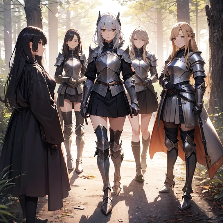A group of female knight, (in forest), various hair styles, harem, wearing armored clothes, metal armor, night, details face, , short skirt, seducing, sword